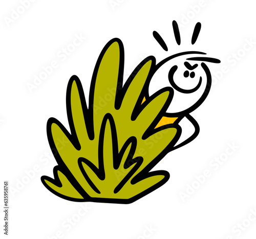 Sly cartoon character stickman looks out of the bushes. Vector illustration of a maniac hiding behind a tree in a park and watching the victim.
