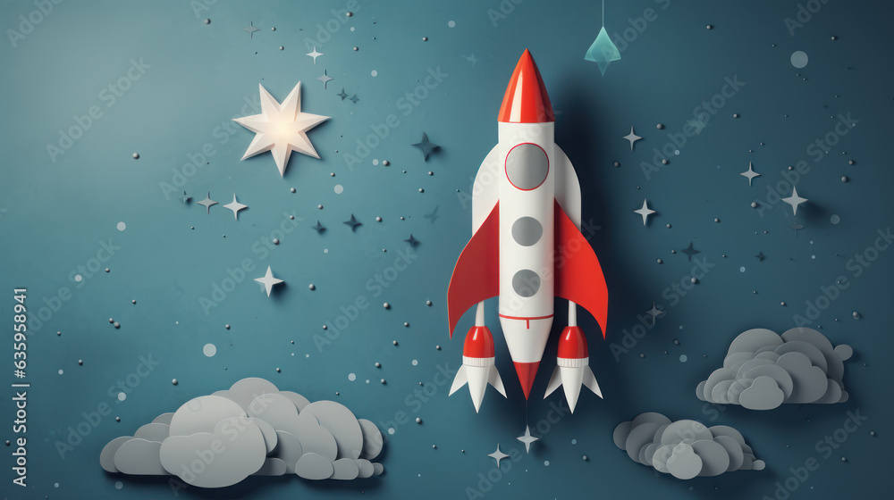 The paper rocket and cloudy on the grey background The paper rocket and cloudy on the grey background