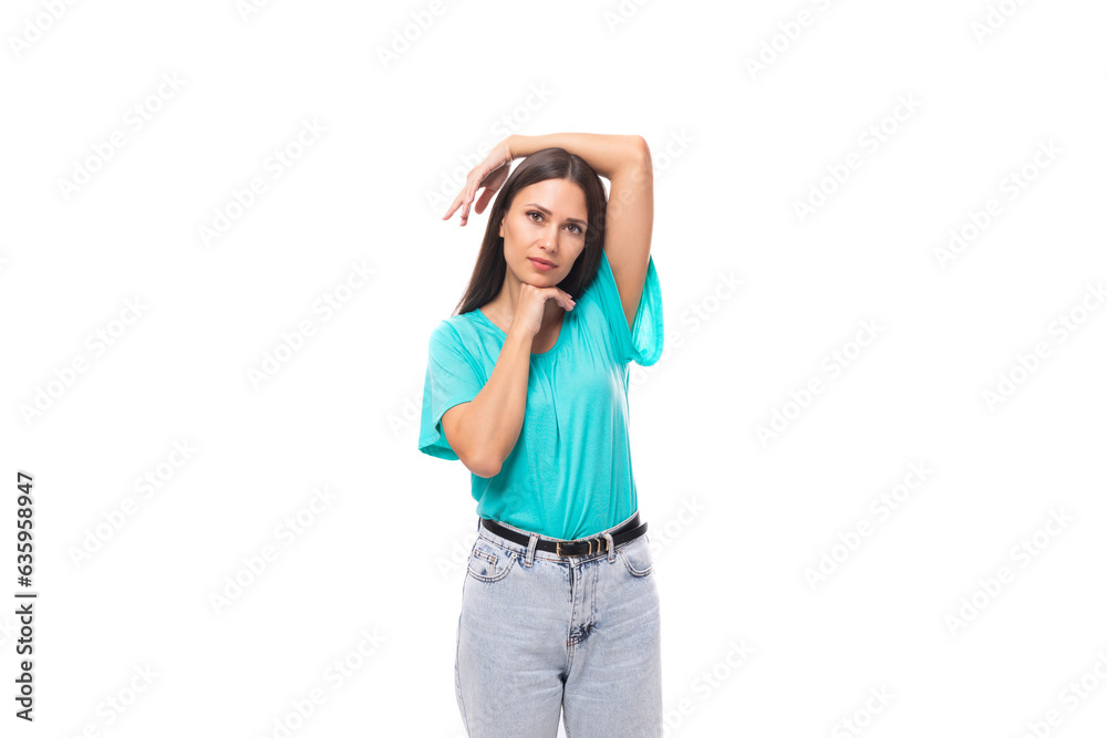 young attractive brunette european lady with straight hair dressed in casual clothes isolated on white background with copy space
