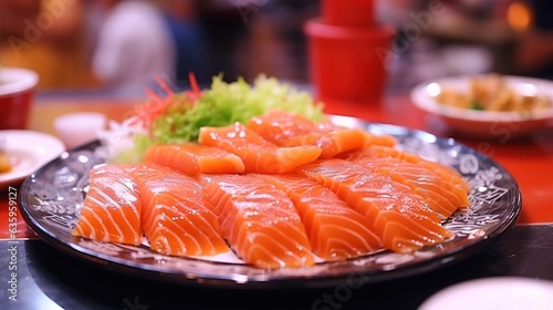  a plate of salmon and lettuce on a table. generative ai