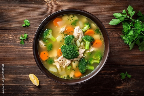 Chicken soup with broccoli,carrots on wooden background.