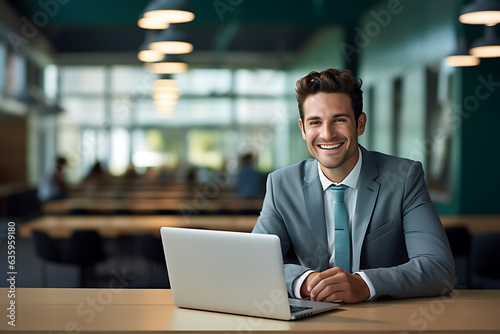 young business man with suit working on a laptop in excutive office environment looking at the camera and smiling  photo