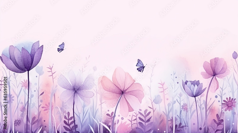 a painting of purple flowers and butterflies on a pink background. generative ai a painting of purple flowers and butterflies on a pink background. generative ai