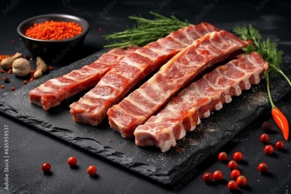 Fresh pork ribs with herbs and spices on black background.