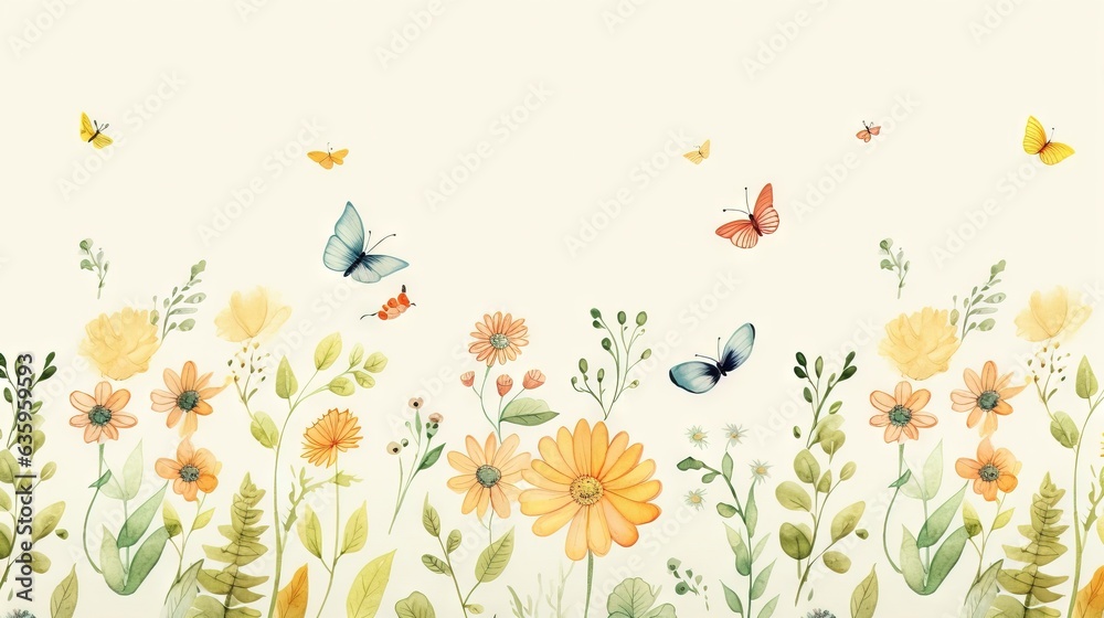  a painting of flowers and butterflies on a white wall with a white background.  generative ai