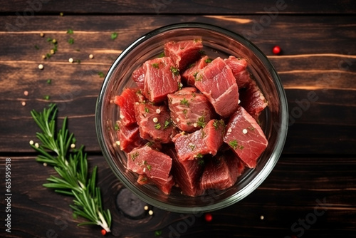 Sliced of raw beef in glass bowl with herb on wooden background.