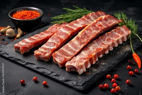 Fresh pork ribs with herbs and spices on black background.