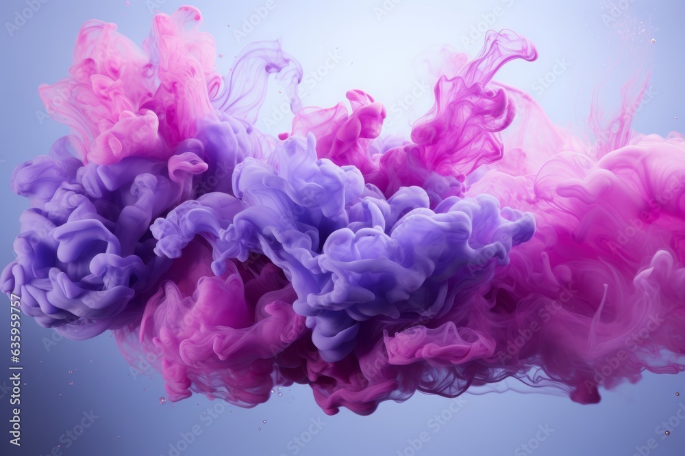Violet pastel ink swirls through water, forming a mesmerizing smoke-like cloud, a delicate dance of color and fluidity.

