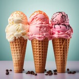 A delightful assortment of flavored ice creams forms a vibrant group, showcasing a spectrum of tastes and colors, perfect for a summer treat.