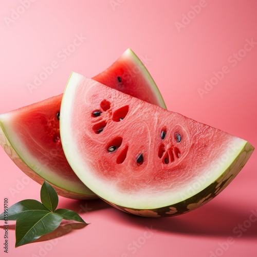 A refreshing watermelon takes center stage, vividly isolated against a captivating red-pink backdrop, conjuring the essence of thirst-quenching delight. photo