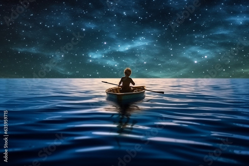 Fantasy boy rowing boat in the sea at night.