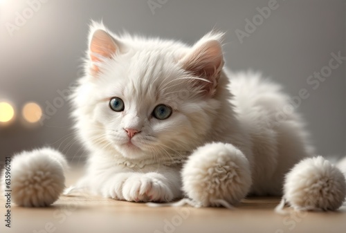 Adorable little white fluffy cat playing with wool ball background, cute animals wallpaper , banner with copy space text 