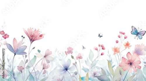  a watercolor painting of flowers and butterflies on a white background. generative ai
