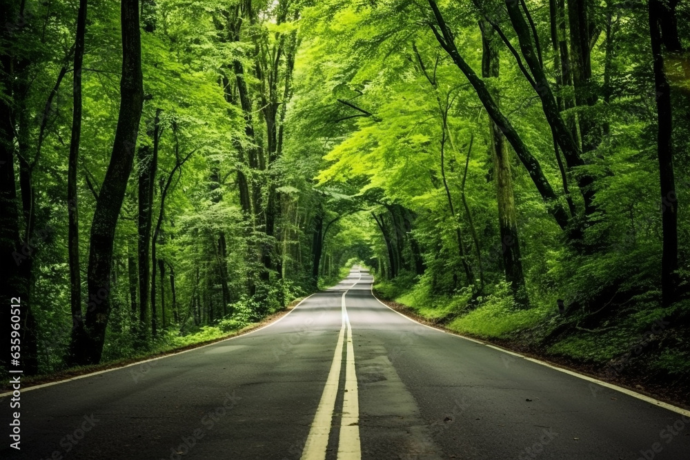 Fototapeta premium View of the road through the green forest.