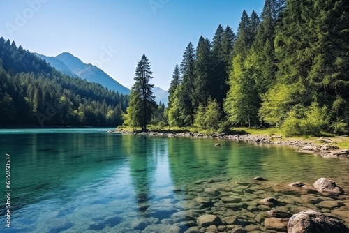 Forest lake with mountain landscape background.