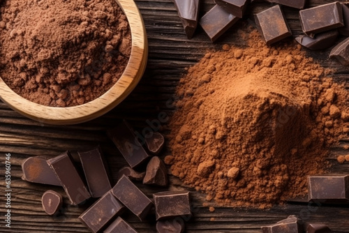 Chocolate powder and cocoa on wooden background.