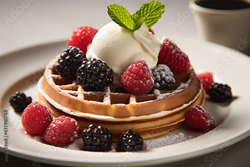 Waffles topped with fresh berries and cream.