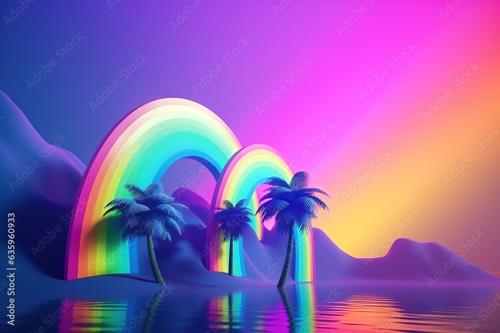 Palm trees and rainbow 80s landscape in vaporwave style. Retrowave vacation background with tropical sunset and palms.
