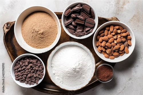 Ingredients for making chocolate on wooden background.