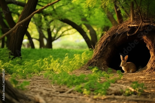 Rabbit nest in the forest.