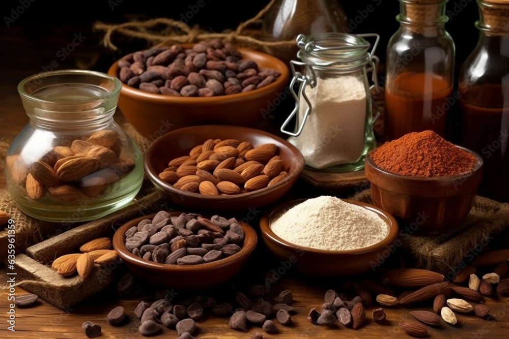Ingredients for making chocolate on wooden background.
