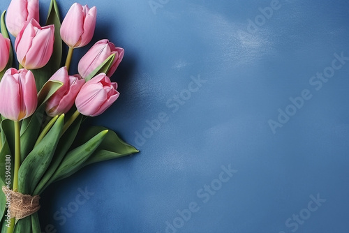 Pink tulip flowers on blue background.