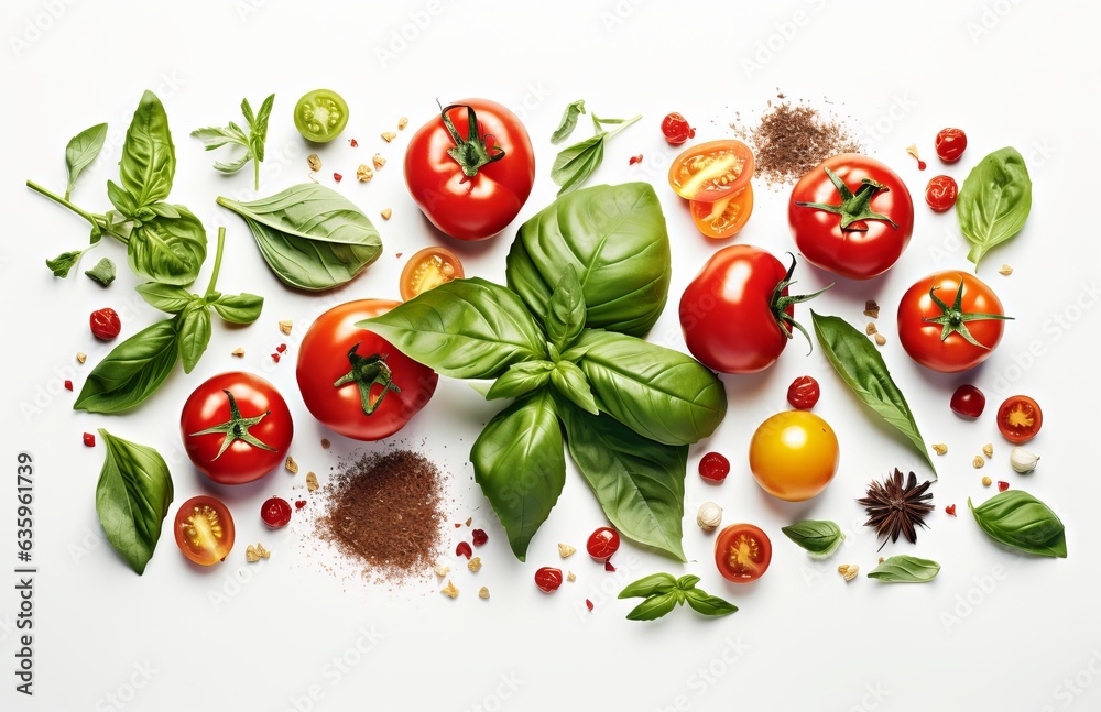 Tomato, garlic and basil isolated on white Tomato, garlic and basil isolated on white