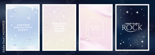 Set of Funny quotes and phrases on beautiful liquid pastel backgrounds posters. Another Apocalyptic Event? Moisturized, thriving, relaxed, glowing. Be pretty, Be kind, be gay. I want to be a rock. 