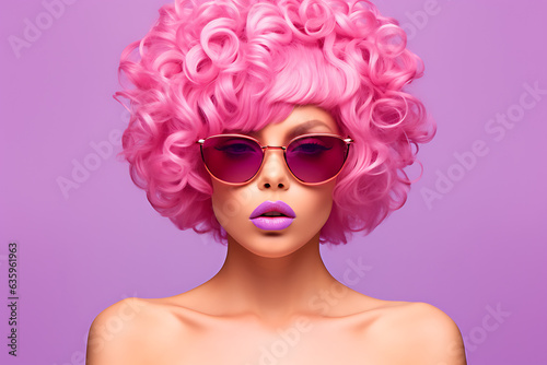 portrait Cool woman with pink hair, lips and sunglasses looking at the camera and showing shoulders, violet background