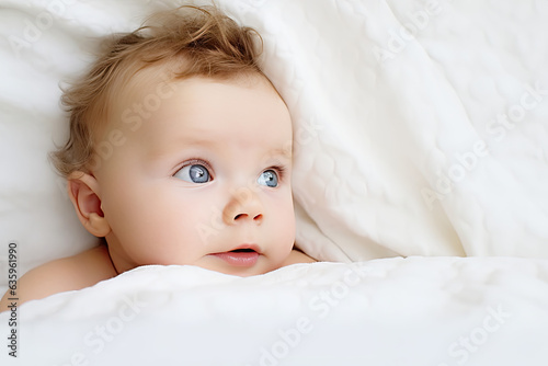 Fotografiet portrait d'un bébé aux yeux bleus en gros plans sur fond blanc à la sortie du ba