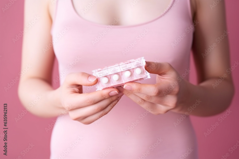 Contraceptive pills in female hands. - obrazy, fototapety, plakaty 