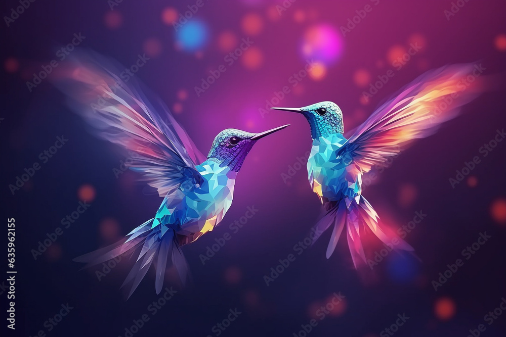 Fototapeta premium Colorful hummingbirds fly on blue background.