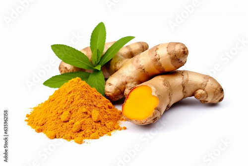 Turmeric root and powder turmeric isolated on white background.