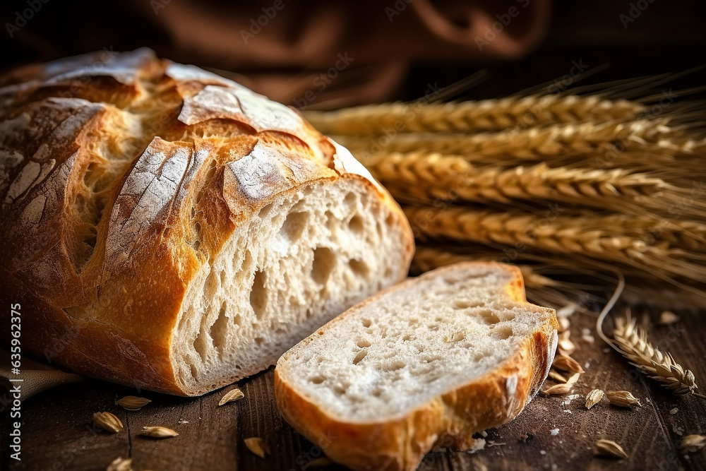 Bread with ears of wheat on wooden background .