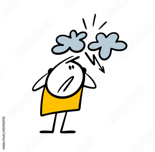 Stick figure man covered ears in fear and is afraid of clouds, thunder and lightning. Vector illustration of bad weather, scared character and future rain.