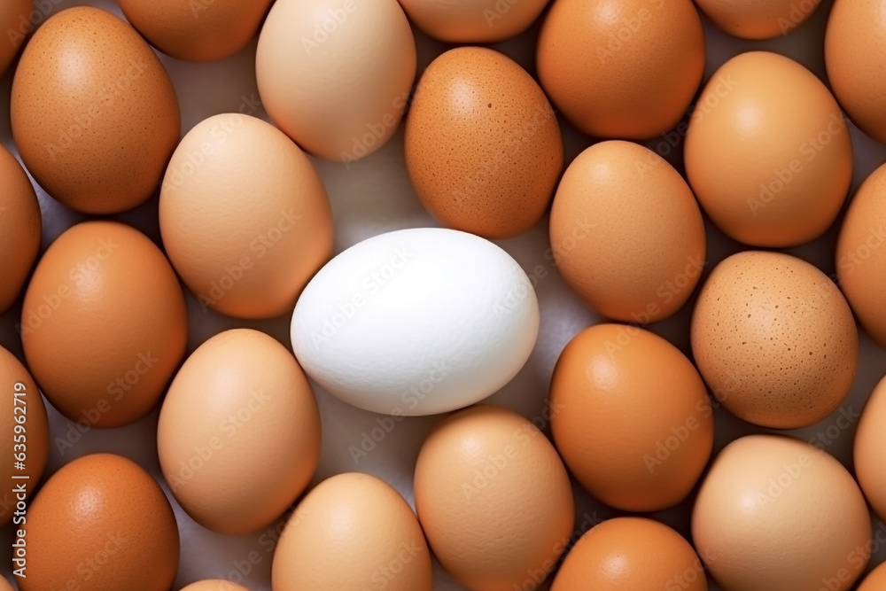 White eggs pattern with brown egg on white background. White eggs pattern with brown egg on white background.