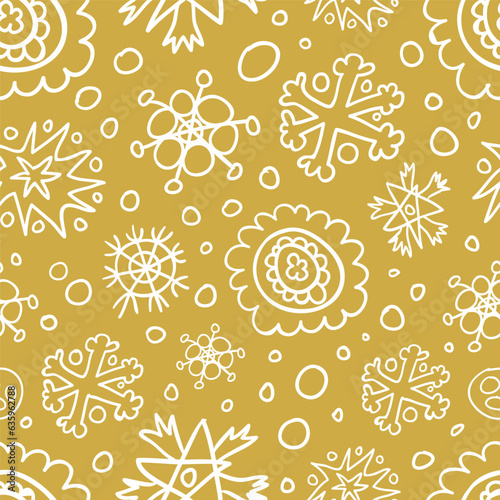 Doddle snowflakes on golden abstract seamless pattern (ID: 635962788)