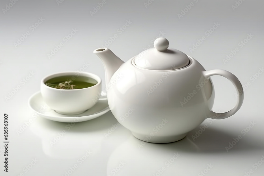 Cup and teapot isolated on white background.