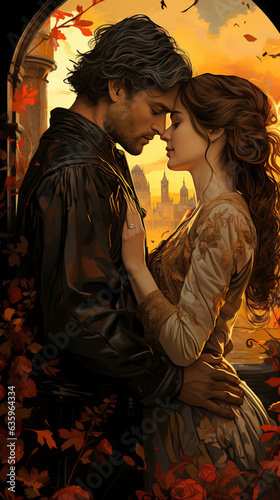 Captivating embrace of a prince and princess in exquisite medieval attire, setting the scene for a tale of passionate love photo