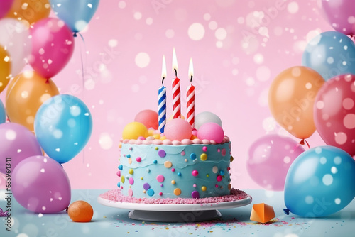 Colorful cake with balloons and candles background Happy birthday day concept.