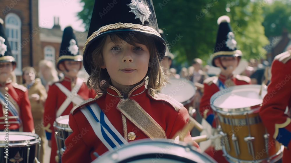 Photograph Captured Marching Little Band Boy, Performing During American Independence Day Celebrations, AI Generated 8K.