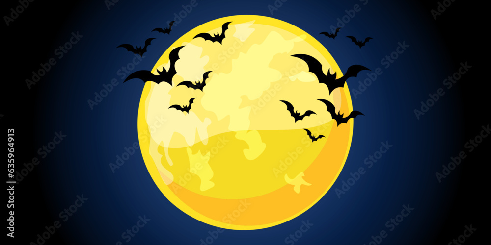 Big yellow moon and bats. Motif for Halloween from a luminous big moon.
