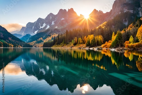 Sunny autumn scene of Vorderer ( Gosausee ) lake. Colorful morning view of Austrian Alps, Upper Austria, Europe. Beauty of nature 