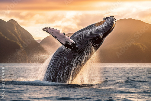 Whale  jumping on the ocean with mountain background. © Inlovehem