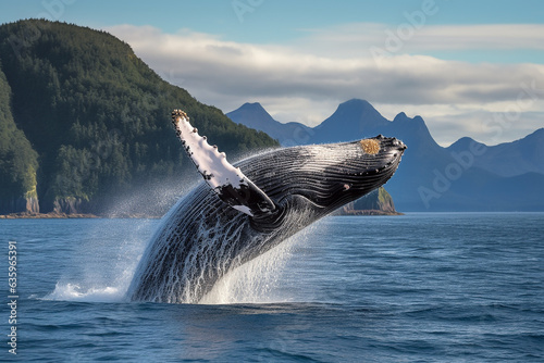 Whale jumping on the ocean with mountain background.