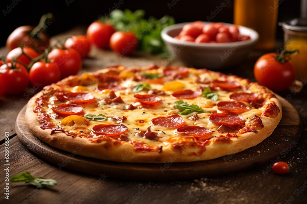 Delicious pizza with cheese and tomatoes on wooden background.