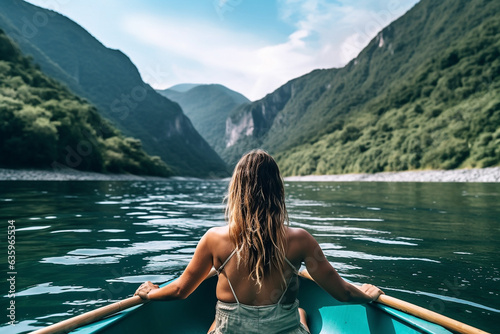 Woman sitting on boat and beautiful river with mountain nature background.