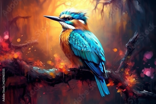 Beautiful bird on branch in the forest,fantasy mystical background. © Inlovehem