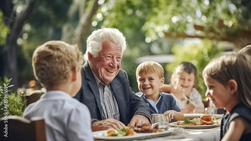 Happy senior grandfather talking and having fun with his grandchildren. Outdoors dinner with food and drinks.   