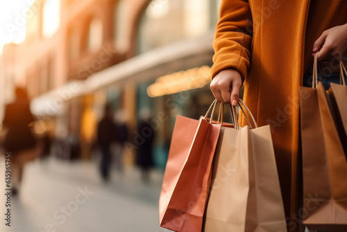 Woman holding shopping bags walking on the street.